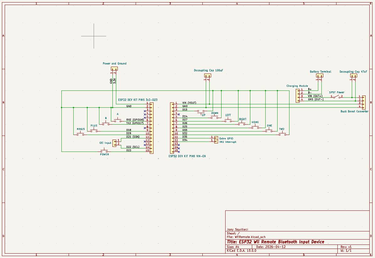 Version 1 KiCAD schematic for the custom Wii Remote PCB