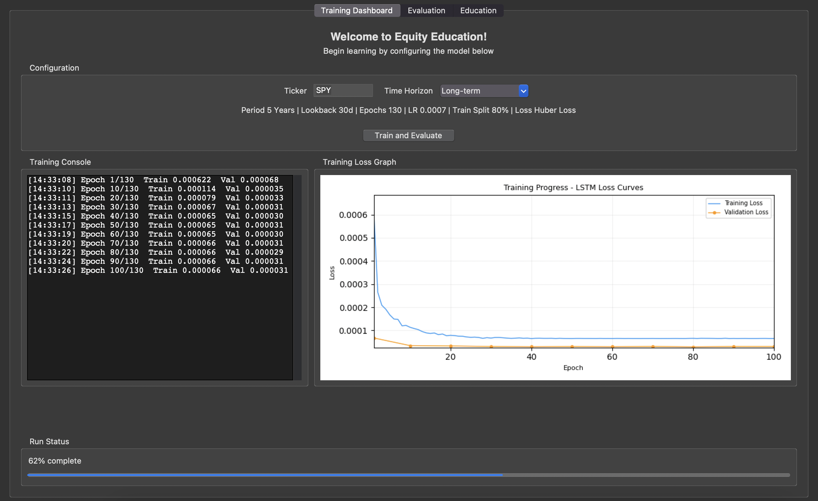 Equity Education training interface showing model training controls and progress feedback