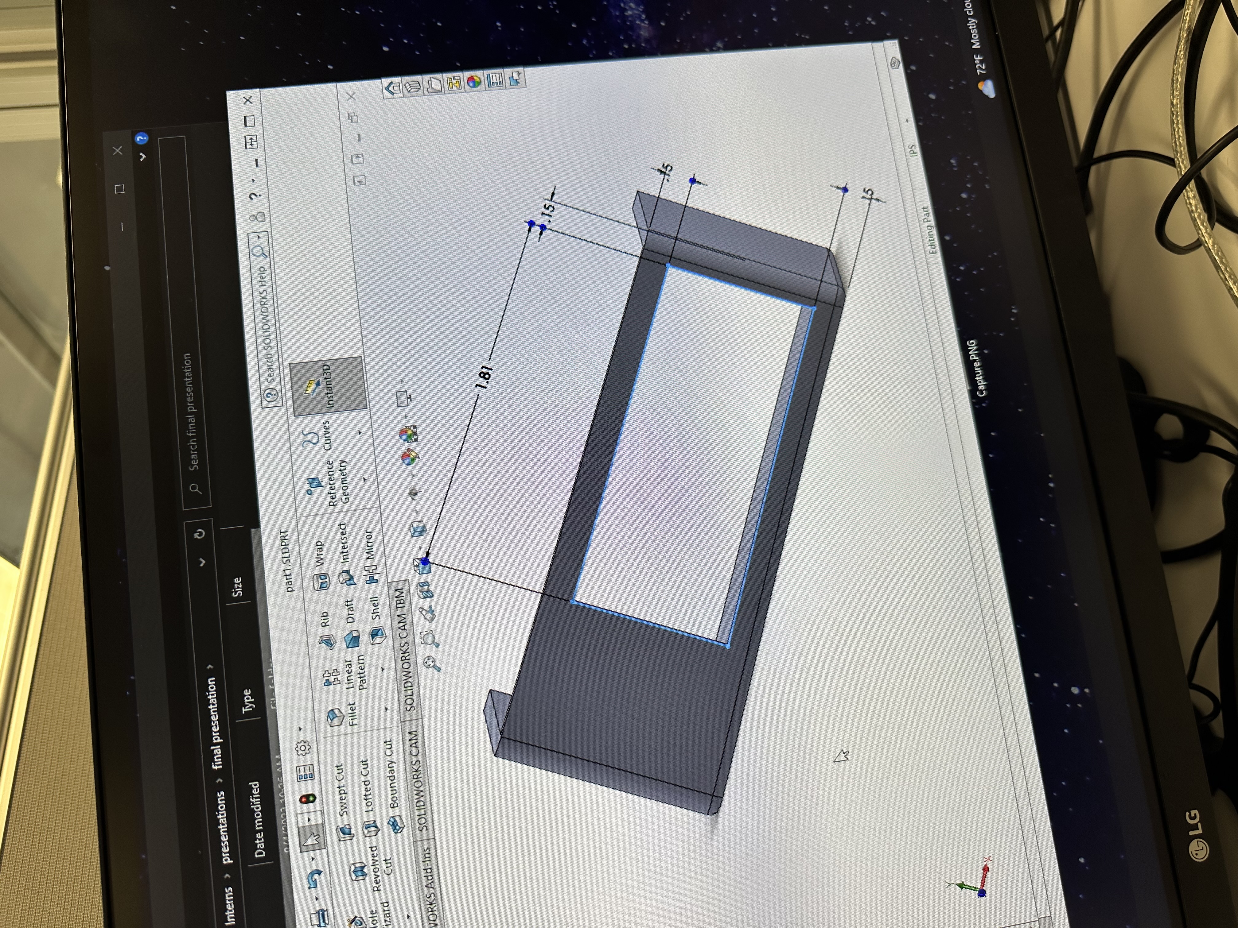 SolidWorks model of an enclosure or holder on screen