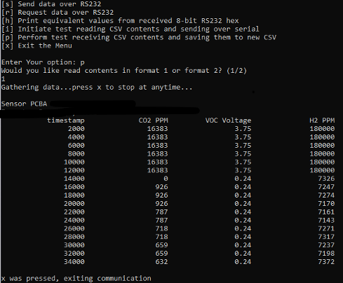 Terminal session output showing communication and diagnostic data during internship testing