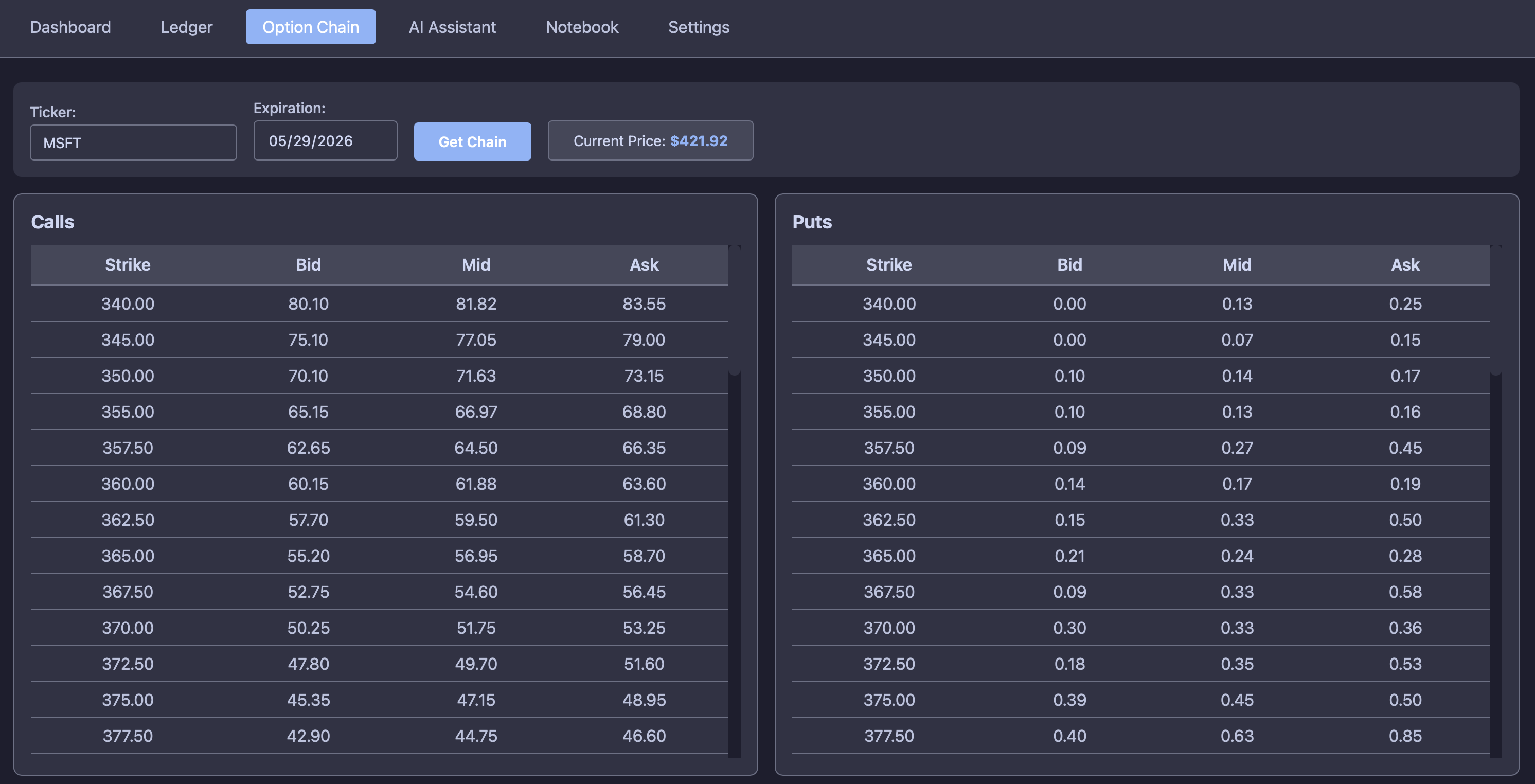 Options chain view showing calls and puts tables with strike filtering controls